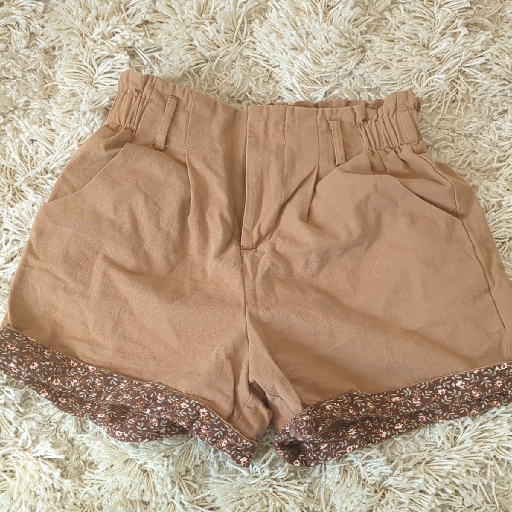 Women's Tan Shorts with Floral Trim